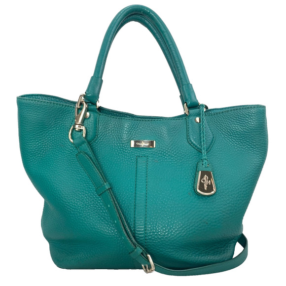 COLE HAAN Serena Tote Teal Green Pebbled Leather Shoulder Handbag Satchel VGUC - Picture 1 of 10